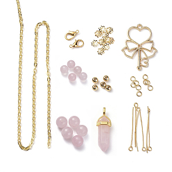 Розовый Кварц Изготовление остроконечных маятников своими руками, с натуральными розовыми кварцевыми бусинами и подвесками, легкие застежки и подвески, железный шарик крышки, Латунные бусины, железные проушины и кабельные цепи