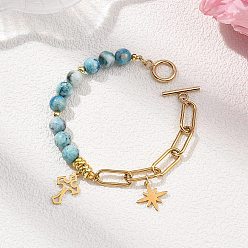 Каламин / гемиморфит Браслеты с подвесками в виде креста и звезды из нержавеющей стали, браслеты из круглого натурального гемиморфита и цепочек из нержавеющей стали в виде скрепок для женщин, 304 дюйм (304 см)