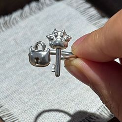 Platinum Alloy Cuff Open Rings for Women, Cat Shape Lock & Key, Platinum, Inner Diameter: 15~20mm
