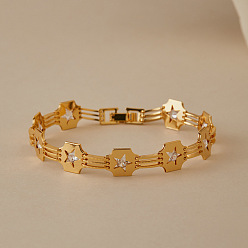 Star Brass Pave Clear Cubic Zirconia Link Chain Bracelets for Women, Real 18K Gold Plated, Star, 7.56 inch(19.2cm)