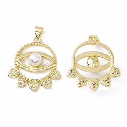 Настоящее золото 18K Покрытие стойки латунь микропаве прозрачные кубические циркониевые подвески, с акриловым шарик, долговечный, без кадмия и без свинца, плоский круглый и сердце и глаз, реальный 18 k позолоченный, 26.5x24x7.5 мм, отверстие : 4x3 мм