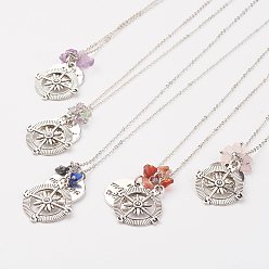 Mixed Stone Alloy Pendant Necklaces, with Brass Chains and Gemstone Chips, Compass, 18.31 inch(46.5cm)