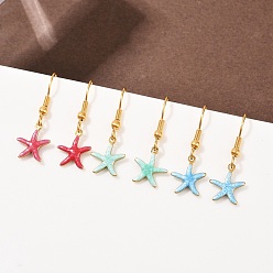 Морская звезда Серия «Океан» 304 серьги-подвески из нержавеющей стали с эмалью, реальный 18 k позолоченный, морская звезда, 30x11 мм, 3 пар / набор