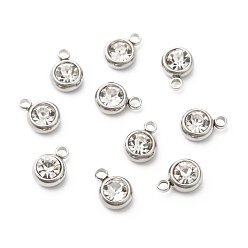 Crystal 201 Stainless Steel Rhinestone Charms, April Birthstone Charms, Flat Round, Stainless Steel Color, Crystal, 8.5x6x3mm, Hole: 1.5mm