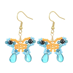 Апатит Серьги-подвески из синтетического голубого золота и натурального апатита, со стеклянными бусинами и 304 крючками для сережек из нержавеющей стали, бабочка, 42x26~27 мм