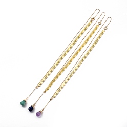 Mixed Stone Brass Lariat Necklaces, with Teardrop Natural Mixed Gemstone, Cobs Chains & Cable Chains, Golden, 19.49 inch(49.5cm)