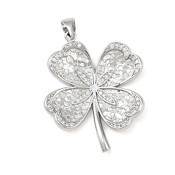 Платина Латунные микро проложить кубического циркония подвески, клевер, платина, 33x28x4 мм, отверстие : 5x3 мм