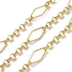 Настоящее золото 18K 304 ромб из нержавеющей стали с текстурой и цепочками-ролами, несварные, с катушкой, ионное покрытие (ip), реальный 18 k позолоченный, 15x6.5x1 мм, Интервал: 26 мм, около 32.81 футов (10 м) / рулон