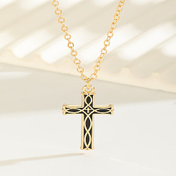 Negro Collares de cadena con colgante de cruz religiosa con nudo vikingo de aleación esmaltada para mujer, dorado, negro, 15.75 pulgada (40 cm)
