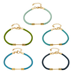 Mixed Color 5Pcs 5 Colors 3MM Braided Round Imitation Leather Cord Bracelet Making, with 304 Stainless Steel Lobster Clasps & Brass Beadable Bar, Golden, Rack Plating, Long-Lasting Plated, Mixed Color, 7-1/8 inch(18.2cm), Pin: 1mm, 1pc/color