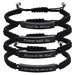Noir 4 pièces 4 styles bracelets à maillons en acier inoxydable pour urnes funéraires, Bracelet ajustable en cordon tressé de polyester pour femmes et hommes, rectangle avec mot, diamètre intérieur: 2-3/8~3-1/8 pouce (6~8 cm), 1 pc / style
