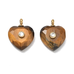 Tiger Eye Natural Tiger Eye Faceted Pendants, Heart Charms with 304 Stainless Steel Crystal Rhinestone Findings, Ion Plating(IP), Real 14K Gold Plated, 15.5~16x12x6~6.5mm, Hole: 1.5mm