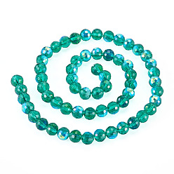 Teal 1 Stränge aus galvanisierten, transparenten Glasperlen, Runde, facettiert(96 facettiert), halb a,b Farbe plattiert, teal, 7.5~8 mm, Bohrung: 1~1.4 mm, ca. 68~69 Stk. / Strang, 19.49~19.88 Zoll (49.5~50.5 cm)