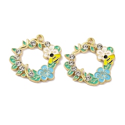 Светло-Голубой Стойки обшивки сплава эмали подвески, со стразами, золотые, венок с пчелкой-оберегом, Небесно-голубой, 27.3x27.3x3 мм, отверстие : 1.8 мм