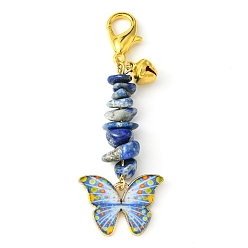 Lapis Lazuli Alloy Enamel Butterfly Pendant Decoration, Natural Lapis Lazuli Chips and Lobster Claw Clasps Charms, 64mm