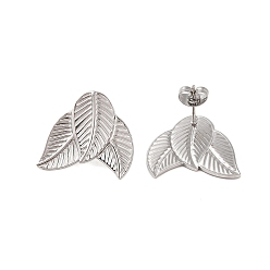 Stainless Steel Color Non-Tarnish 304 Stainless Steel Earrings, Leaf, Stainless Steel Color, 19x22mm