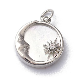 Платинированный Покрытие стойки латунь микропаве прозрачные подвески из кубического циркония, с ракушкой и прыжковым кольцом, долговечный, плоский круг с луной и солнцем, Реальная платина, 17.5x16x3.5 мм, Перейти кольцо: 5x1 мм, 3 мм внутренним диаметром