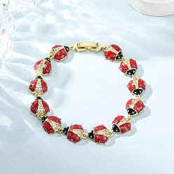 Настоящее золото 18K Латунные браслеты с микропаве из прозрачных кубических цирконий для женщин, коровка, с эмалью, долговечный, стойки покрытие, без свинца и без кадмия, реальный 18 k позолоченный, 7-5/8 дюйм (19.5 см), божья коровка: 15.5x12x4.5 мм