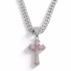 Платина Мужская цепочка в стиле хип-хоп из цинкового сплава с кристальными и розовыми стразами, религиозный крест, цепочка кубинского плетения., платина, 19.69 дюйм (50 см)