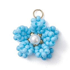 Темно-Голубой Стеклянные подвески из бисера, цветочный шарм, с жемчужинами из стекла и 304 нержавеющей сталью, реальный 18 k позолоченный, глубокое синее небо, 15.5~17x15~16.5x10~11 мм, Перейти кольцо: 4x0.5 мм, внутренний диаметр: 3 мм