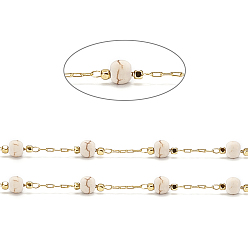 White Handmade Brass Cable Chains, with Dyed Synthetic Turquoise Beads and Spool, Soldered, Long-Lasting Plated, Round, Real 18K Gold Plated, White, 2x1x0.3mm, about 32.8 Feet(10m)/roll