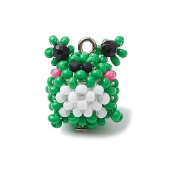 Зеленый Подвески из бисера и расписного стекла, со стеклянными жемчужными бусинами и платиновой железной булавкой, лягушка, зелёные, 17.5x14.5x13.5 мм, отверстие : 1.8 мм