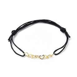 Noir Bracelets à maillons en laiton réglables, avec cordon de coton ciré chinois, or, noir, diamètre intérieur: 1-3/4~3-1/4 pouce (4.5~8.3 cm)