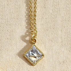 Rhombus Colliers pendentifs géométriques en laiton pavé de zirconiums cubiques transparents, or, losange, 17.72 pouce (45 cm), pendentif: 11x9 mm