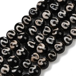Черный Тибетского стиля DZI бисер нитей, природный агат бисер нитей, окрашенная и подогревом, круглый с рисунком в виде крючка для денег, чёрные, 10 мм, отверстие : 1.2 мм, около 38 шт / нитка, 14.96'' (38 см)