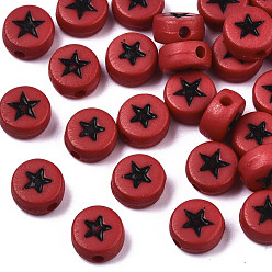 FireBrick Opaque Acrylic Beads, with Enamel, Flat Round with Star, FireBrick, 7x4mm, Hole: 1.5mm, about 3416pcs/500g