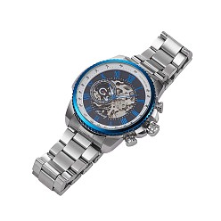 Blue & Stainless Steel Color Alloy Watch Head Mechanical Watches, with Stainless Steel Watch Band, Blue & Stainless Steel Color, 220x20mm, Watch Head: 51x52x14.5mm, Watch Face: 39mm