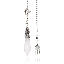 Quartz Crystal Natural Quartz Crystal Cone Dowsing Pendulum Big Pendants, with Meatl Woven Net/Web with Feather, Pendant: 68x16mm