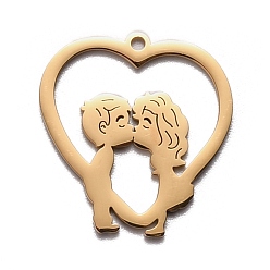 Golden 304 Edelstahl Anhänger, Herz mit Jungen- und Mädchenkussmuster, golden, 24.5x23.5x1.4 mm, Bohrung: 1.6 mm