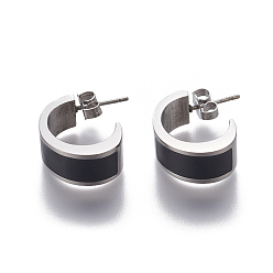 Black 304 Stainless Steel Stud Earrings, Half Hoop Earrings, with Enamel and Ear Nuts, Stainless Steel Color, Black, 17x7.5x12.5mm, Pin: 0.9mm