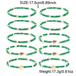 Зеленый 10шт. браслеты из смолы, латуни и сплавов с бусинами на эластичной основе ко Дню Святого Патрика для женщин, рондель, звезда и клевер, зелёные, 6.89 дюйм (17.5 см)