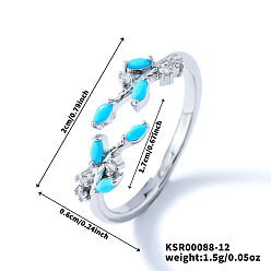 Темно-Голубой Изысканные латунные кольца-манжеты в форме листьев ивы с кубическим цирконием для женщин, платина, глубокое синее небо, внутренний диаметр: 17 мм