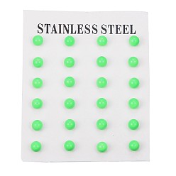 Light Green 304 Stainless Steel Spray Painted Stud Earrings, Round, Light Green, 17x6mm, Pin: 0.8mm, 12pairs/card