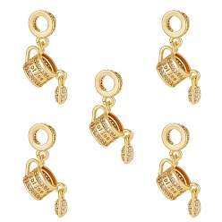 Настоящее золото 18K 5Штука с покрытием из латуни, микропаве, прозрачный кубический цирконий, европейские подвески-подвески, Подвески с большими отверстиями, без кадмия и без свинца, кофейная чашка с листом, реальный 18 k позолоченный, 27 мм, Кубок: 9.5x14.5x8.5 мм, лист: 8x3.5x2 мм, отверстие : 4.6 мм