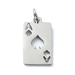 Нержавеющая Сталь Цвет Не тускнеющие 304 подвески из нержавеющей стали, с прыжковых колец, лазерная резка, прямоугольник с подвеской "туз червей", цвет нержавеющей стали, 18x9.5x1 мм, отверстие : 3 мм