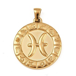 Рыбы 304 подвески из нержавеющей стали, ионное покрытие (ip), плоские круглые с созвездием, золотые, Рыбы, 28x25x2.5 мм, отверстие : 4.5x3.5 мм