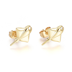 Golden Brass Ear Studs, with Earring Backs, Manta Ray Shape, Golden, 14.5x11x2mm, Pin: 0.9mm