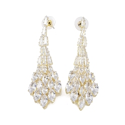 Golden Brass Micro Pave Cubic Zirconia Stud Earrings, Leaf, Golden, 73x22mm