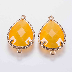 Gold Glass Links connectors, with Brass Finding, Faceted, teardrop, Golden, Gold, 23.5x14.5x5mm, Hole: 0.8mm