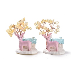 Желтый Кварц Украшение дисплея натурального желтого кварцевого дерева, Дом из смолы с рождественским оленьим орнаментом фэн-шуй для богатства, удача, латунная проволока из розового золота, обернутая, 40~41x44x67 мм