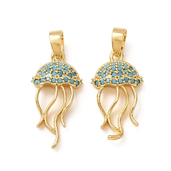 Chapado en Oro Real 18K Colgantes de circonita cúbica azul cielo con micro pavé de latón, encantos de medusas, real 18 k chapado en oro, 21.5x10.5x3.5 mm, agujero: 2x4.5 mm