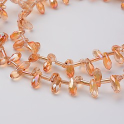 Сэнди Коричневый Стеклянные бусины с гальваническим покрытием , сверху просверленные бусы, Грановитая Teardrop, песчаный коричневый, 9x4 мм, отверстие : 1 мм, около 98 шт / нитка, 17.3 дюйм