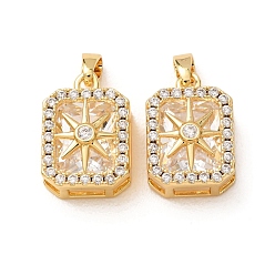 Real 18K Gold Plated Brass Micro Pave Clear Cubic Zirconia Pendants, Rectangle Octagon with Star Pattern Charms, Real 18K Gold Plated, 16.5x11.5x7.5mm, Hole: 2x4.5mm