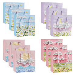 Смешанные Узоры 24шт 4 стили бумажные подарочные пакеты с ручками из полиэстера, сумки для покупок, прямоугольник с рисунком луны, цветов, облаков и солнца, разноцветные, 14.1x7.3x15 см, 6 шт / стиль