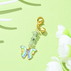 Prehnite Alloy Enamel Butterfly Pendant Decoration, Natural Prehnite Chips and Lobster Claw Clasps Charms, 64mm