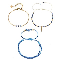 (52) Непрозрачная лаванда 3шт. регулируемые плетеные браслеты из натуральных бусин лазурита, нержавеющая сталь крест браслетов шарма, разноцветные, внутренний диаметр: 6.50~11.02 дюйм (16.5~28 см)